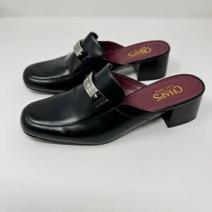 Vintage Chaps Leather‎ Black Loafer Slip On Metal Buckle Size 8.5 Chunky Heel